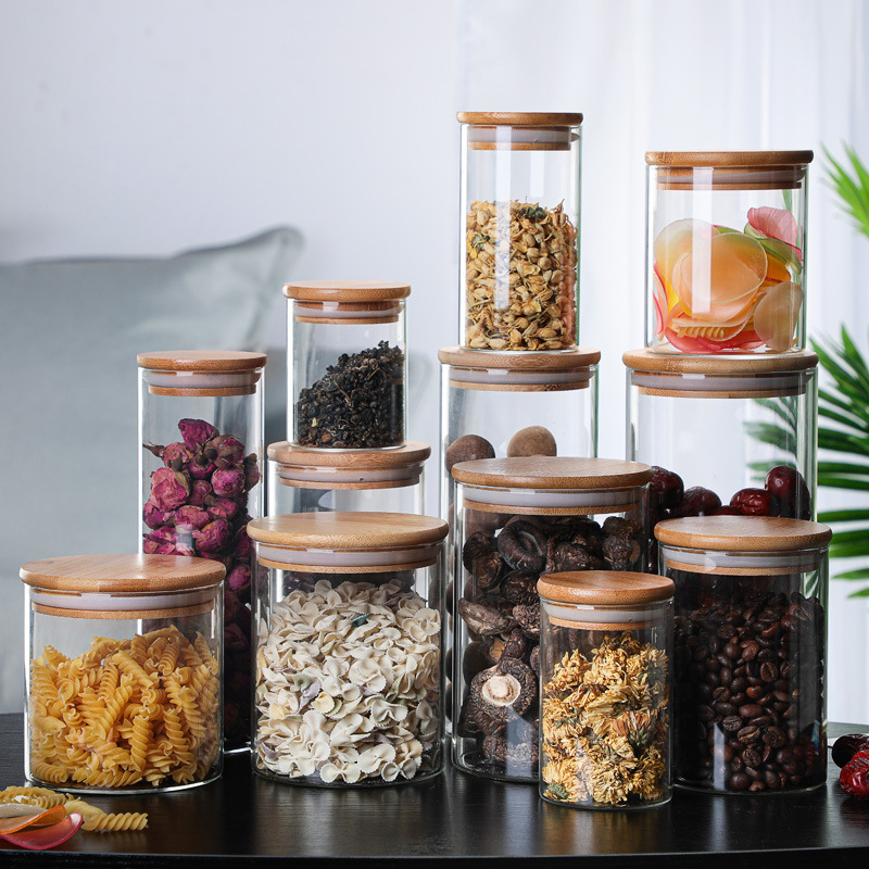 Custom Bulk 200ml Eco-friendly Food Tube Storage Container Glass Spice Jar Set with Bamboo Wooden Airtight Lids