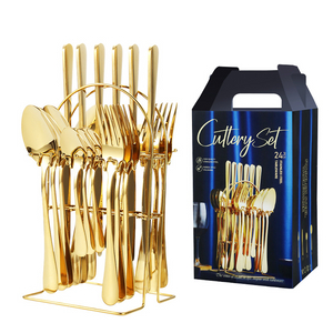 Amazon best selling 24pcs stainless steel knife fork spoon set gold flatware luxury cutlery set with stand