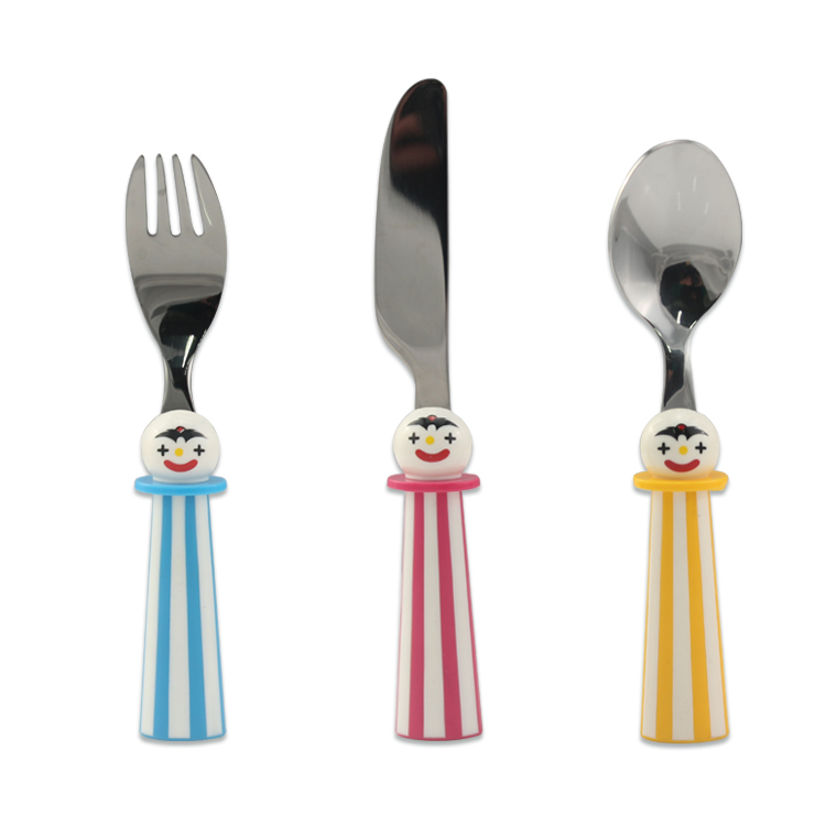 Cathylin 18/10 Stainless Steel Cartoon Pattern Kids Baby Cutlery Set With Two-color Striped Plastic Handle Children Flatware