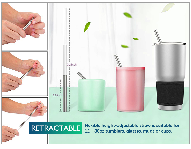 Reusable Metal Stainless Steel Collapsible Drinking Straw Set with Case And Bottle Opener