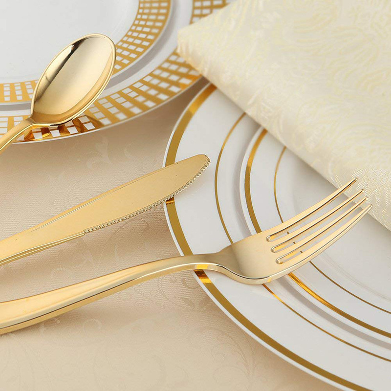 Wholesale Bulk Disposable Flatware Silverware Gold Plastic Spoons Forks And Knives Cutlery Set Combo for Wedding Gift Events