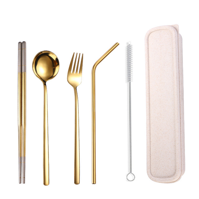 Portable Reusable Colored Dinner Utensil Spoon Fork Chopsticks Picnic Flatware Stainless Steel Cutlery Set with Wheat Straw