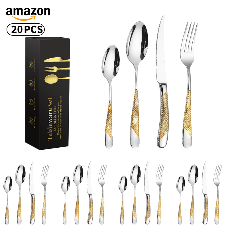 20 Pcs Luxury Flatware 18 /10 Stainless Steel Matte Gold Plated Cutlery Set for Wedding Event Restaurant