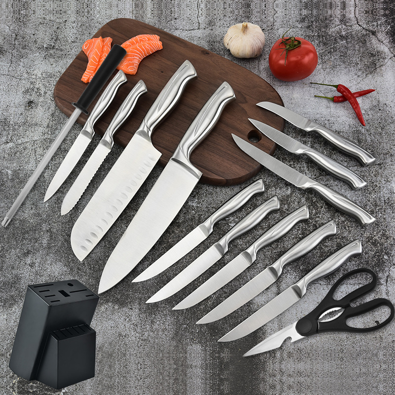 Multifunctional 15 Pcs Stainless Steel Hollow Handle Kitchen Knife Set with Wood Vertical Storage Rack