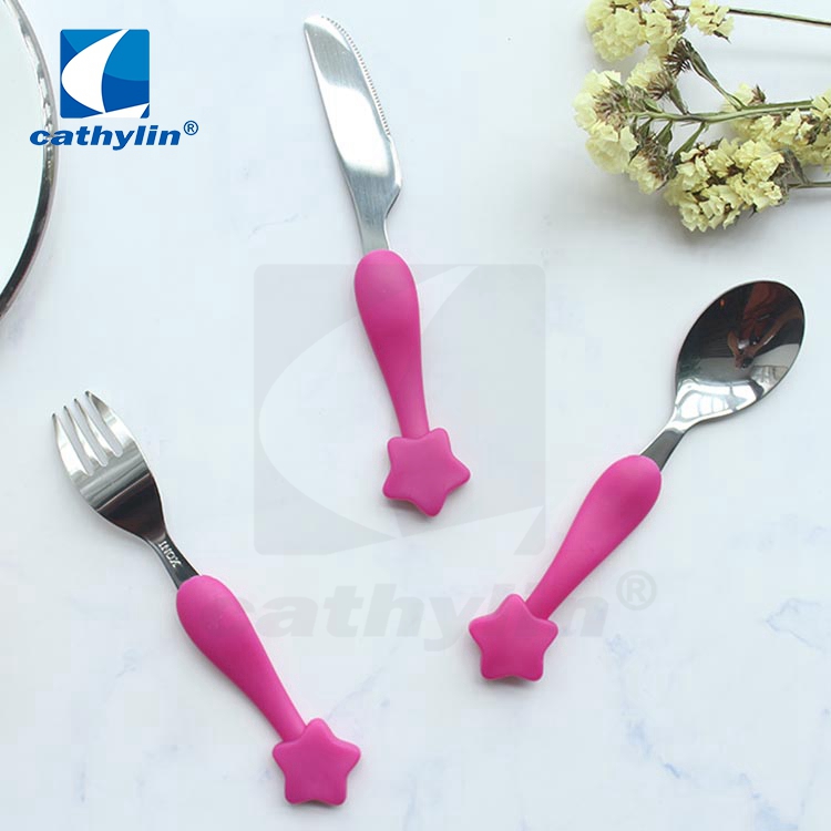 Cathylin baby cutlery set stainless steel flatware set with personalized plastic handle