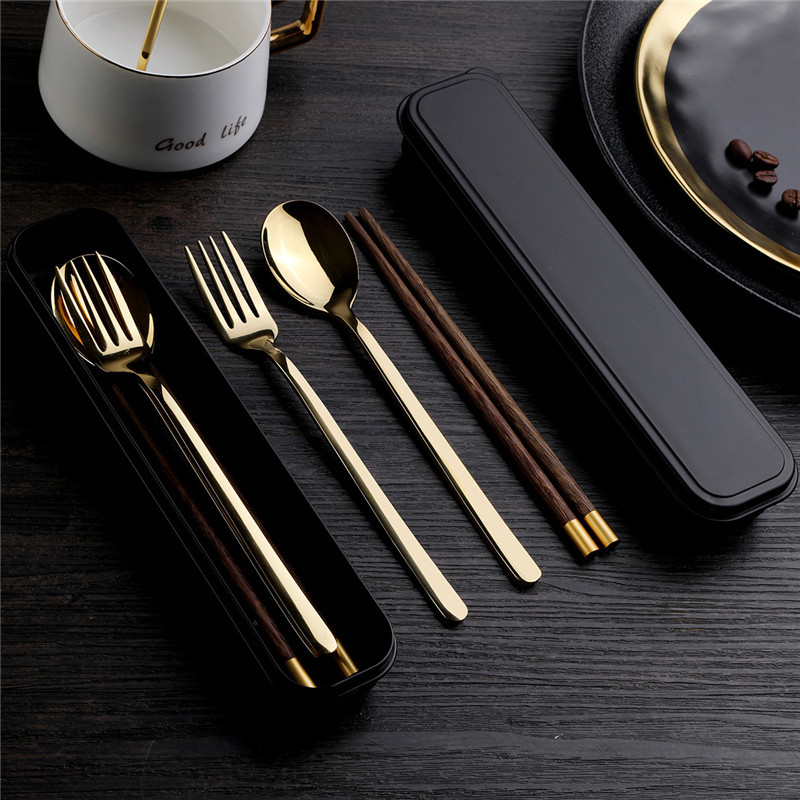 Stainless Steel Portable Reusable Travel Gold Cutlery Chopstick And Spoon Fork Set with Black Box Case in Pouch