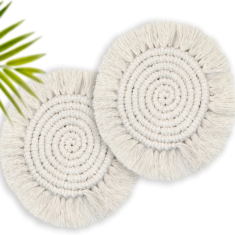 Wholesale Circular Boho Hand Woven Coaster with Tassels Non-slip Heat Resistant Milk Coffee Cup Mat Reusable Drink Coaster