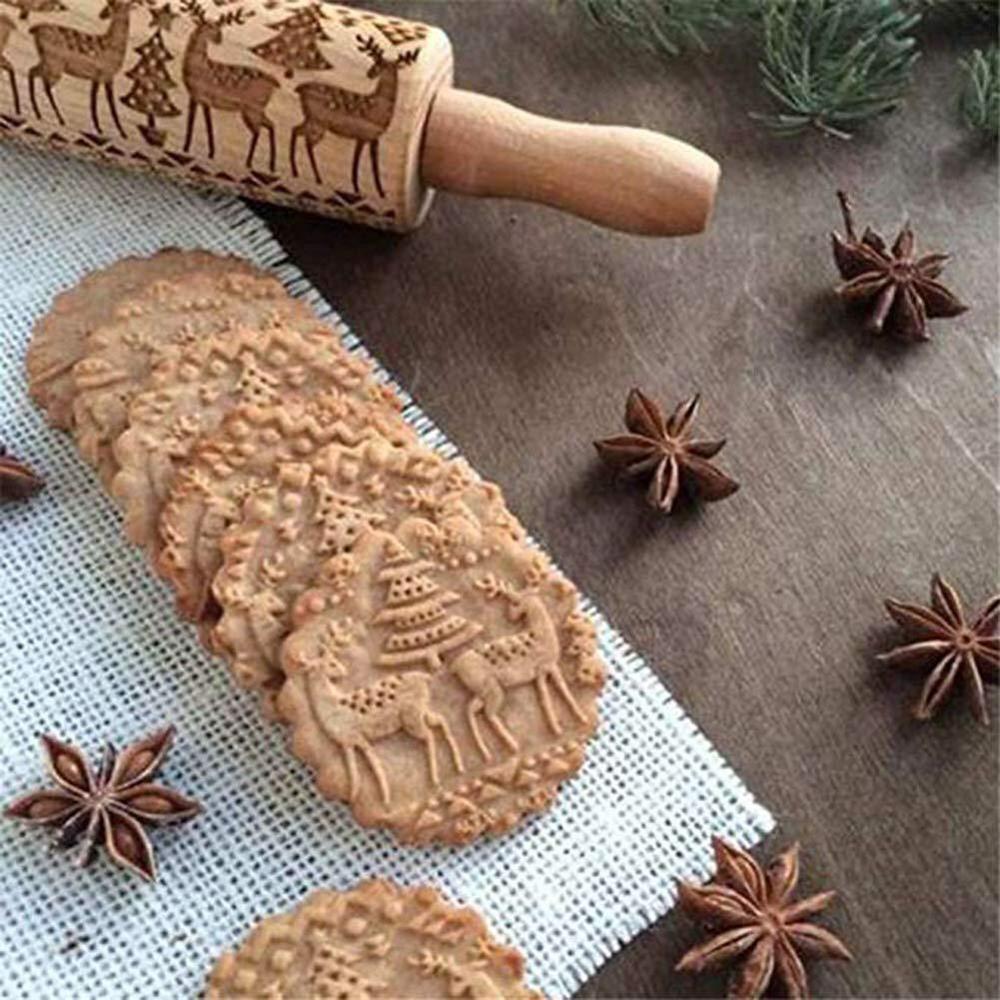 Wood laser engraving christmas elk tree embossed printing rolling pin for cookies