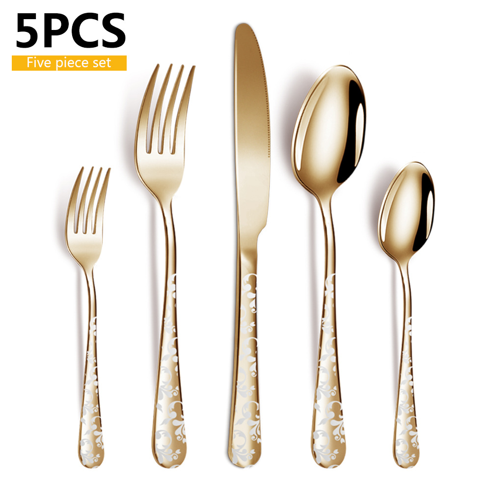 5 Pcs Spoon Fork Knife Set Stainless Steel Flatware Gold Black Cutlery with Flower Handle