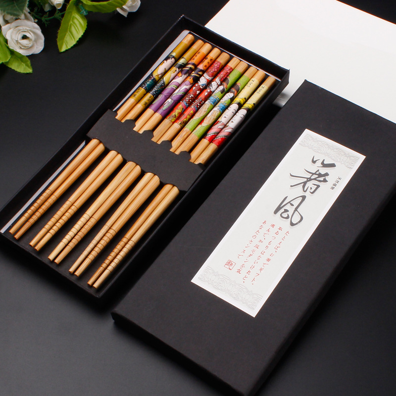 Wholesale Japanese Korean Style Printed Reusable Bamboo Wood Sushi Chopsticks