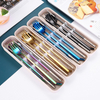 Portable Reusable Colored Dinner Utensil Spoon Fork Chopsticks Picnic Flatware Stainless Steel Cutlery Set with Wheat Straw