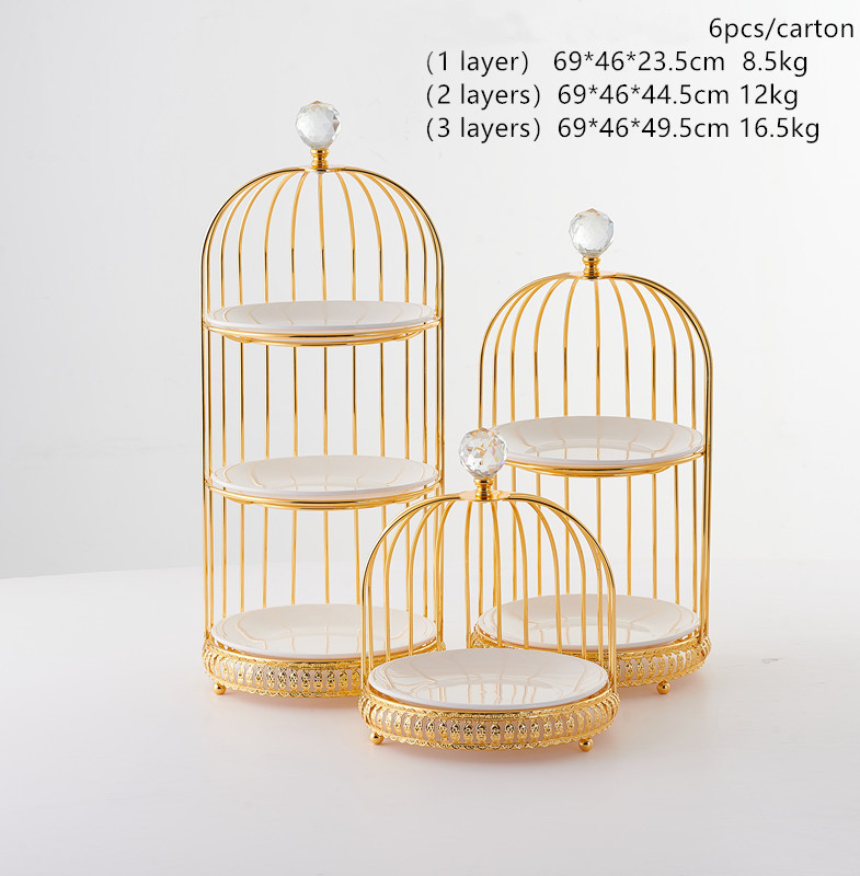 Gold Ceramic Cake Plate Hand Made Cupcake 3 Tier Birdcage Display Tray Cake Snack Tray Wedding Party Table Cake Stand