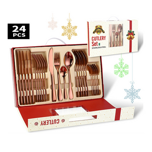 24 pcs 1010 flatware stainless steel knife fork spoon set gold plated cutlery with gift box for Christmas