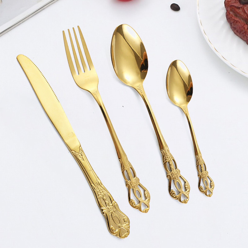 Luxury Cubiertos Retro Flatware Spoon Fork Knife Metal Vintage Wedding Stainless Steel Gold Cutlery Set