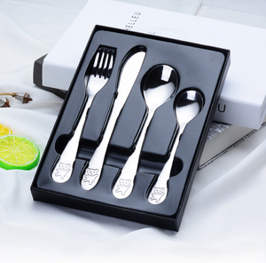 4 Pcs Set Animal Bear Flatware Stainless Steel Cutlery Set with Black Gift Box for Children Kid Baby