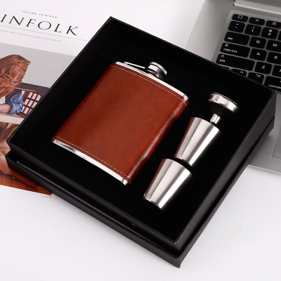 6 7 Oz 8oz 200ml Wrapped Whisky Wine Rectangle Cylinder Brown Leather Metal Stainless Steel Hip Flask Set
