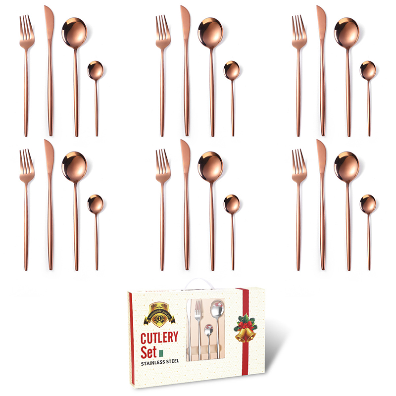 24 Pcs Stainless Steel Flatware Knife Fork Spoon Gold Plated Cutlery Set with Gift Box for Christmas