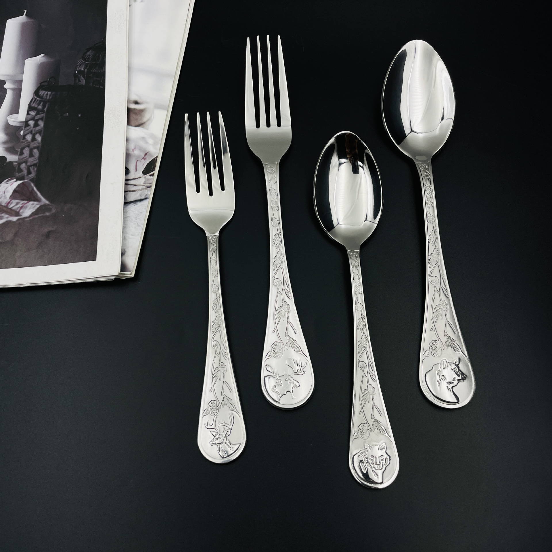 5pcs Spoon Fork Knife Cutlery Heavy Duty Stainless Steel Flatware Set with Animal Fawn Tiger Bear Handle