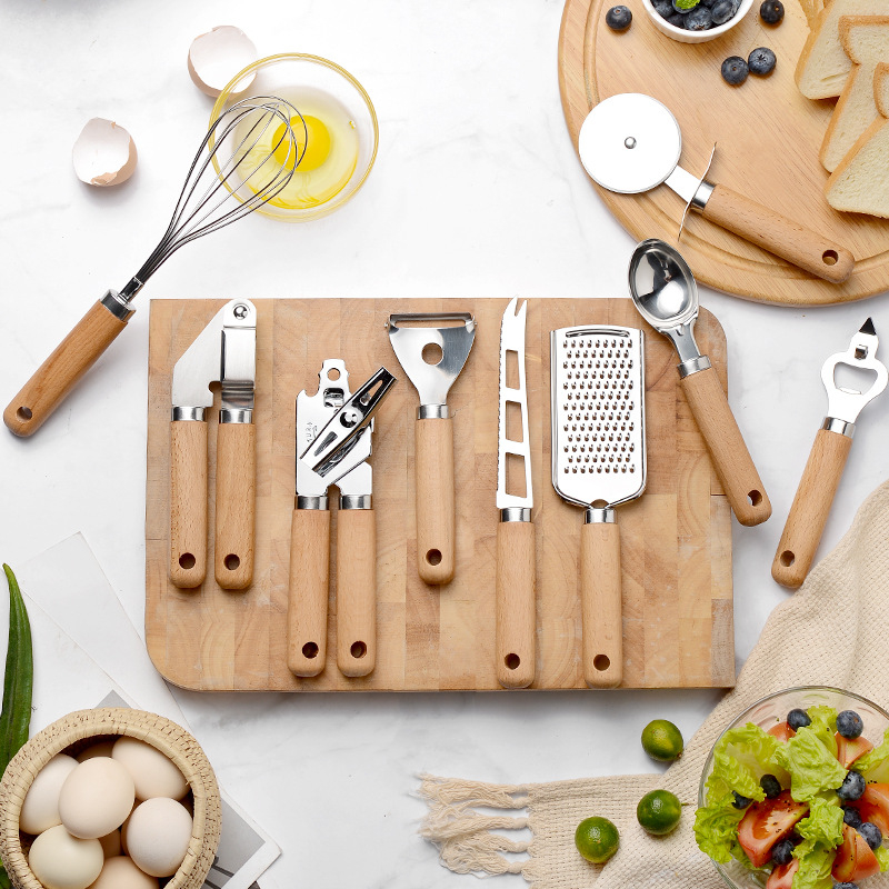 Pizza Cutter Grater Can Bottle Opener Peeler Stainless Steel Kitchen Utensils Set with Wood Handle
