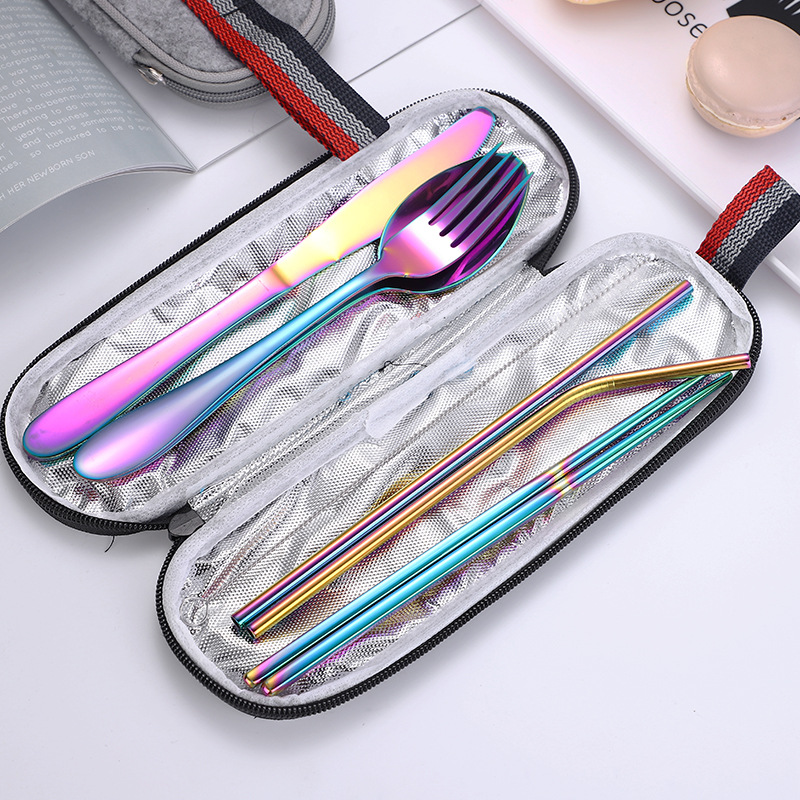 Personalized Logo Reusable Utensil Silverware Travel Camping Flatware Chopstick Stainless Steel Cutlery Set with Bag
