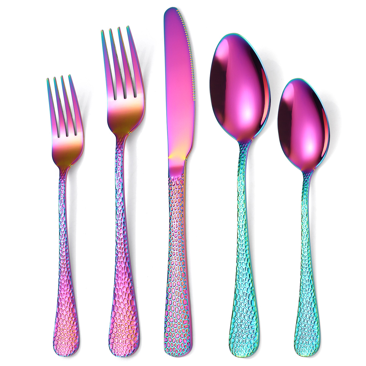 5 Pcs Stainless Steel Flatware Knife Fork Spoon Set Snake Skin Pattern Gold Plated Cutlery Set for Wedding