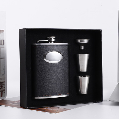 8oz wrapped embossed high quality black brown pu leather metal stainless steel drink hip flask gift set