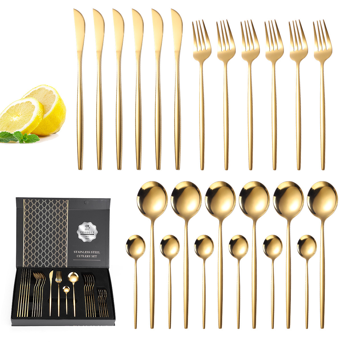 24-piece Silverware Oblate Portugal Style Flatware Restaurant Wedding Gold Stainless Steel Cutlery Set in Gift Box