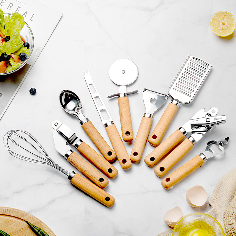 Cheese knife pizza cutter grater can bottle opener peeler cooking tool stainless steel kitchen utensils set with wood handle