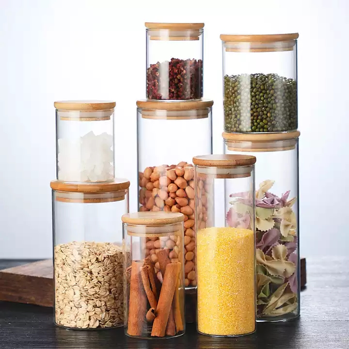 Multiple Size Kitchen Storage Glass Jar with Bamboo Wood Lid Glass Container with Lid