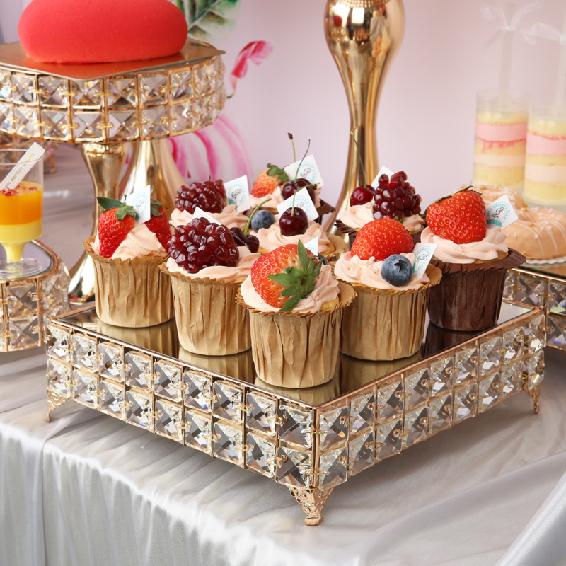 Wedding Metal Cake Display Stand with Mirror Top Plate Diameter Beaded Crystal Cake Pedestal Snack Tray Baking Party